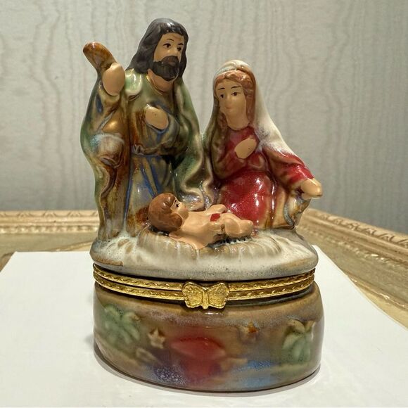 Vintage Hinged Nativity Trinket Box Mary Joseph Baby Jesus Christmas - Picture 1 of 12